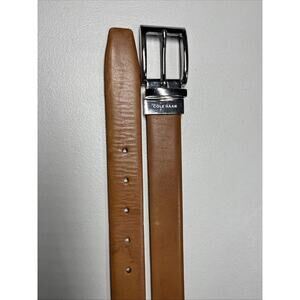 Cole Haan Reversible Leather Belt Mens 40 Tan Brown Navy Silver Tone Buckle